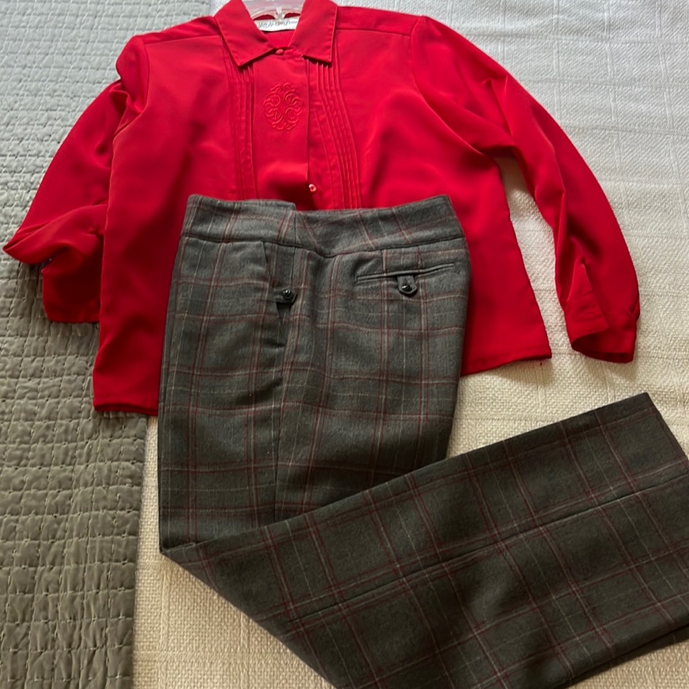 Red button up with grey and red plaid wool pants.